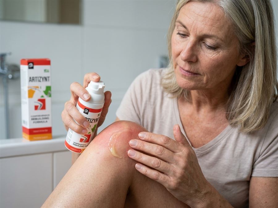 Frau trägt ArtiZynt Gel auf das Knie auf, daneben die ArtiZynt Gel Verpackung