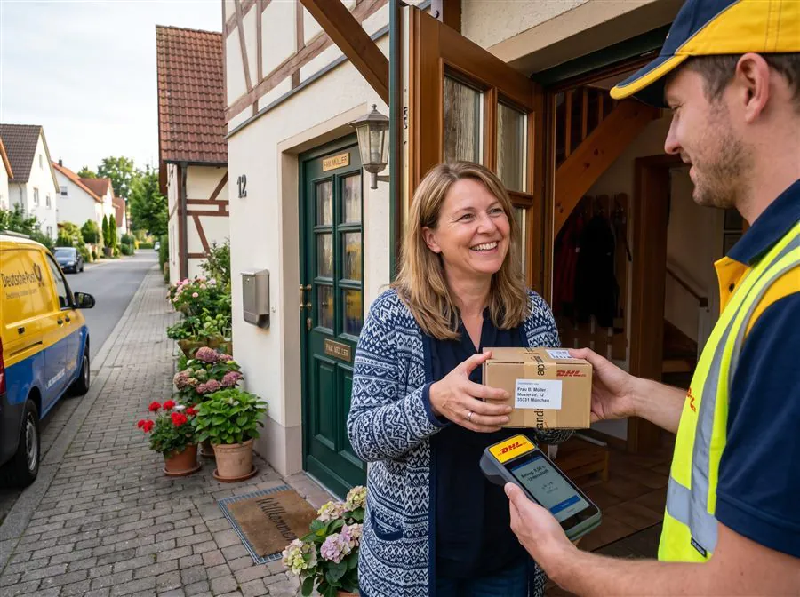 DHL-Zusteller übergibt das ArtiZynt Paket an der Haustür, Zahlung per Gerät bei Lieferung